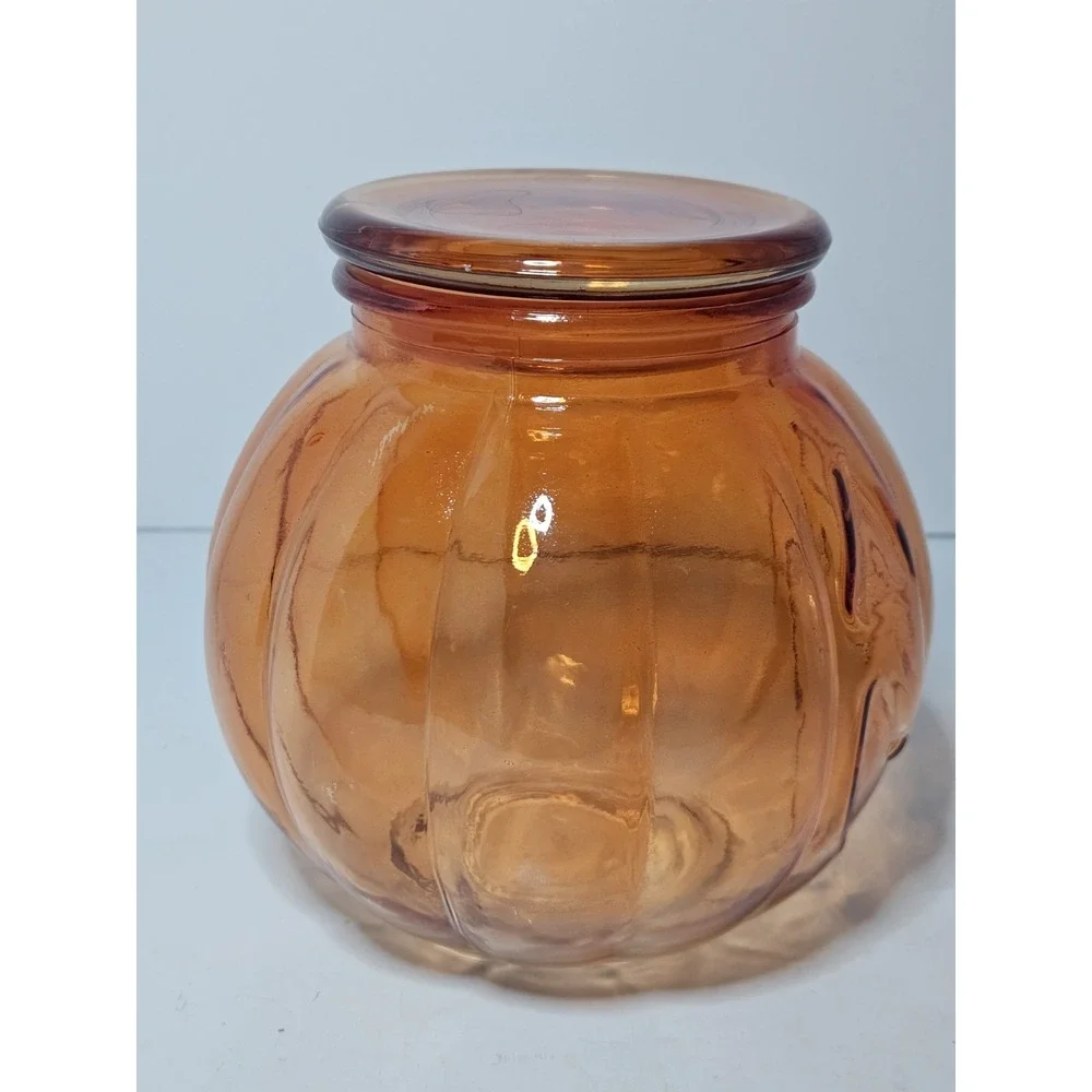 Amici Home Orange Glass Jack O Lantern Pumpkin Candy Jar Canister Lid 5.5